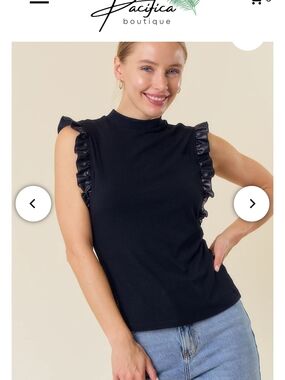 Doe & Rae Black Mock Neck Ruffle Sleeve Tank